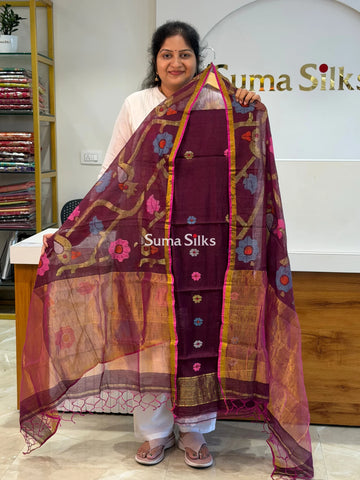 Muslin Jamdani Allover Flower Motifs Top with Birds Dupatta Wine