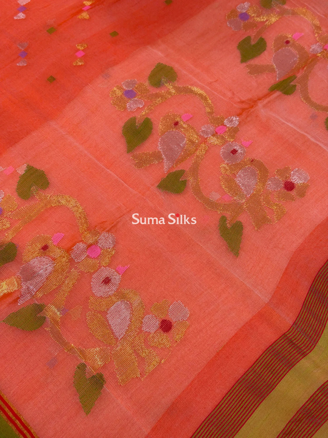 Muslin Jamdani Bird Flower Orange Lavender Butti