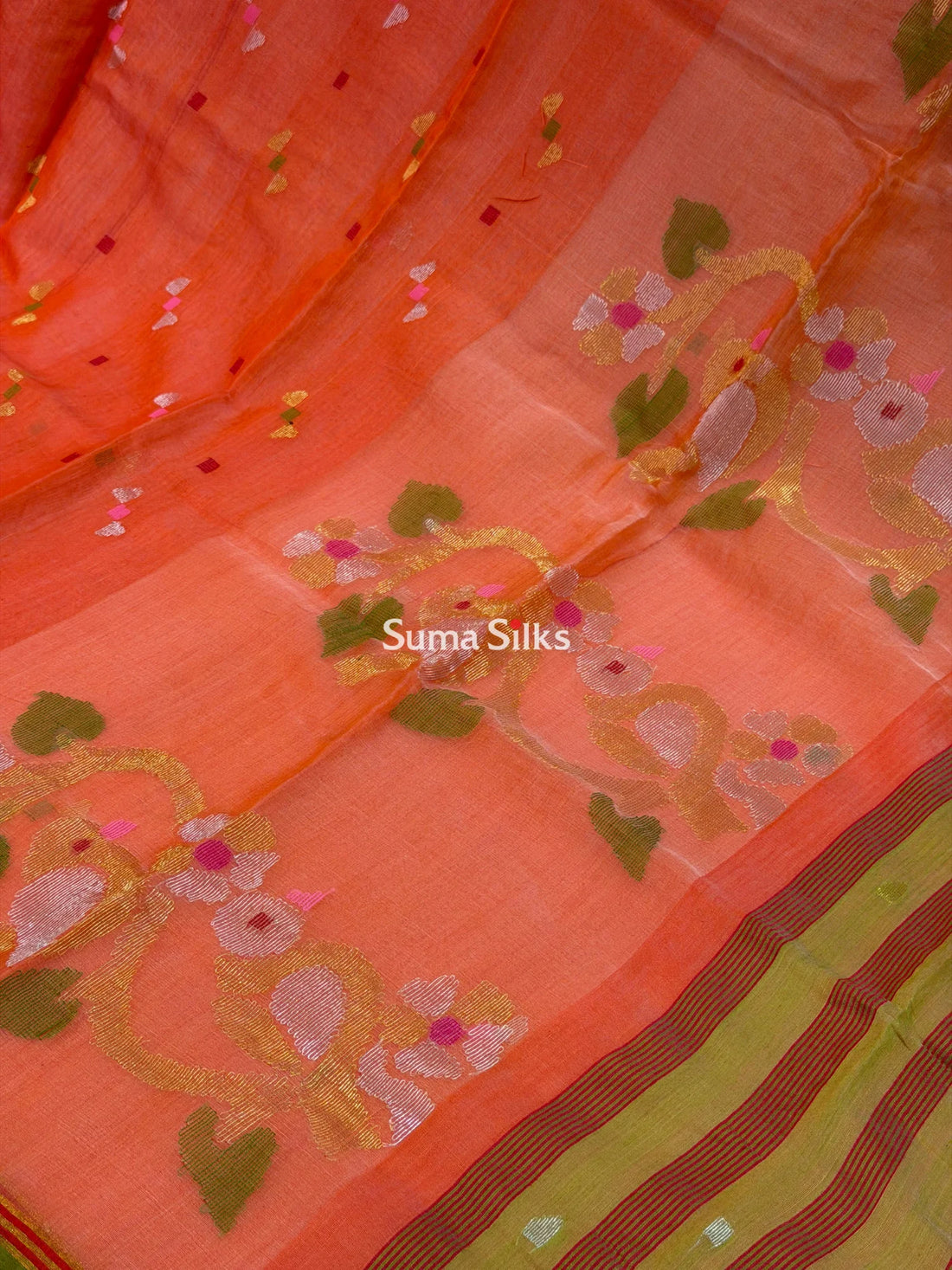 Muslin Jamdani Bird Flower Orange Red Butti
