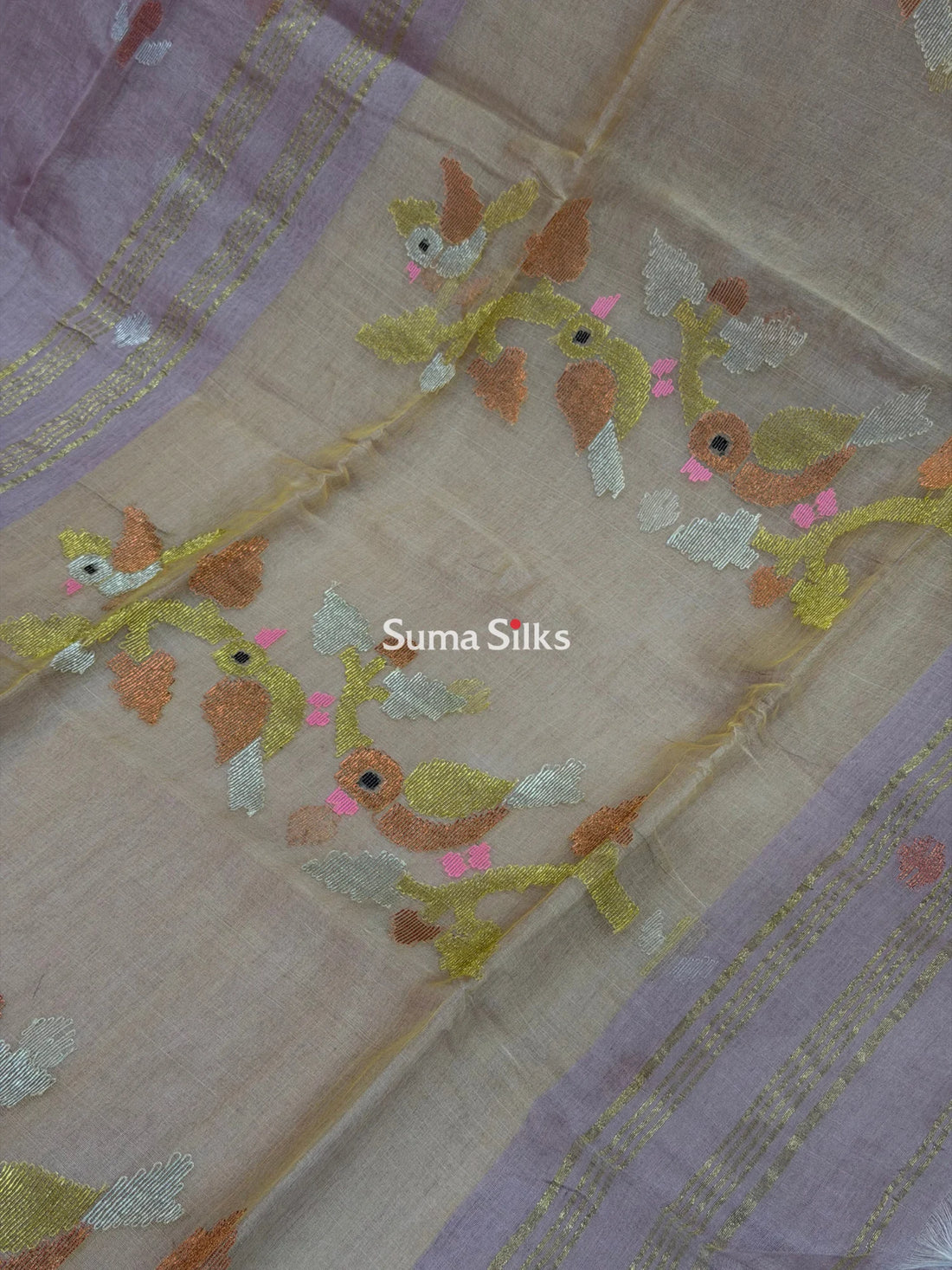 Muslin Jamdani Bird Stem Mauve Zari Buttis