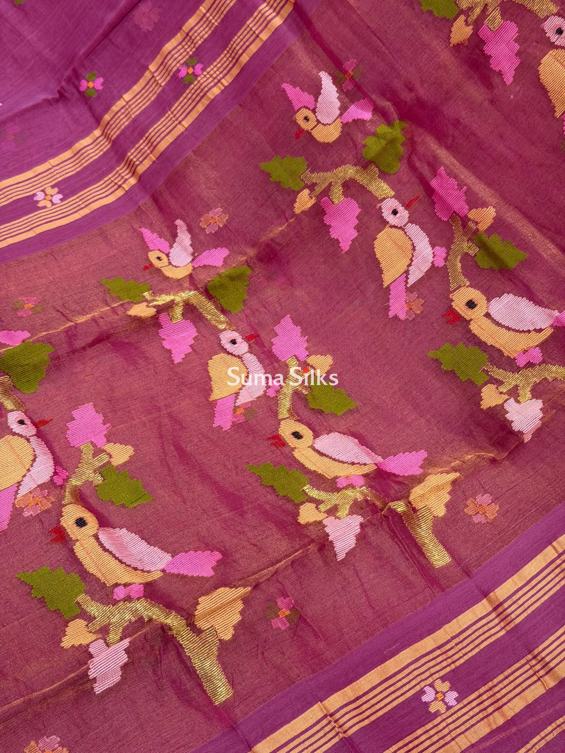 Muslin Jamdani Bird Stem Magenta