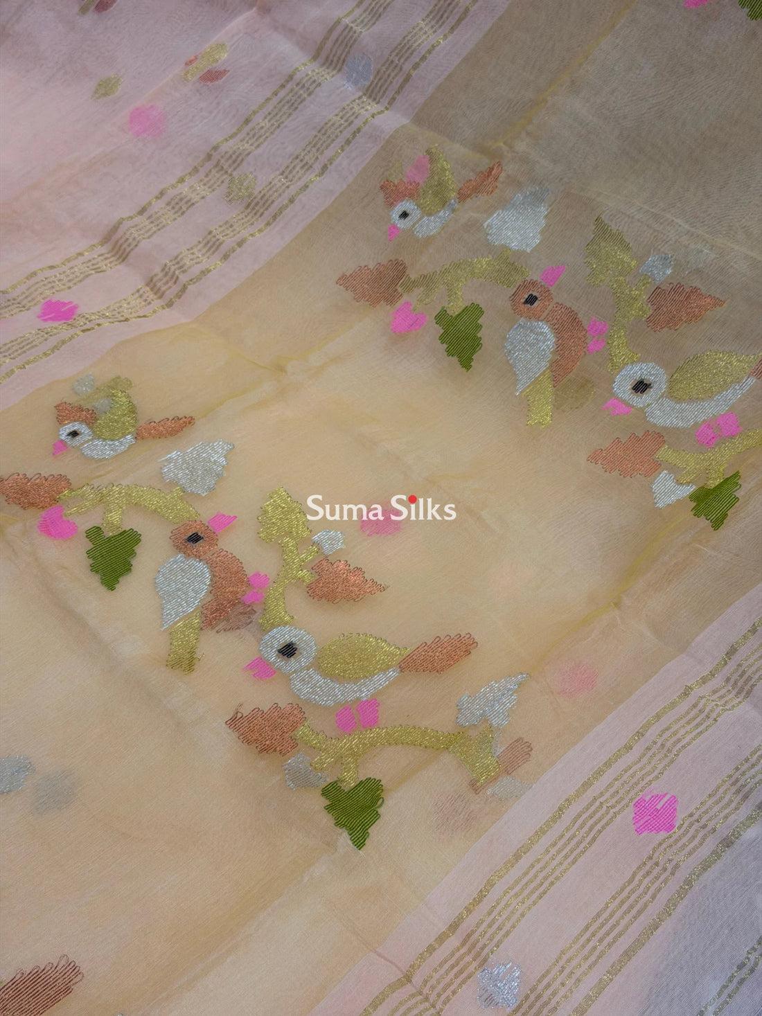 Muslin Jamdani Bird Stem Peach
