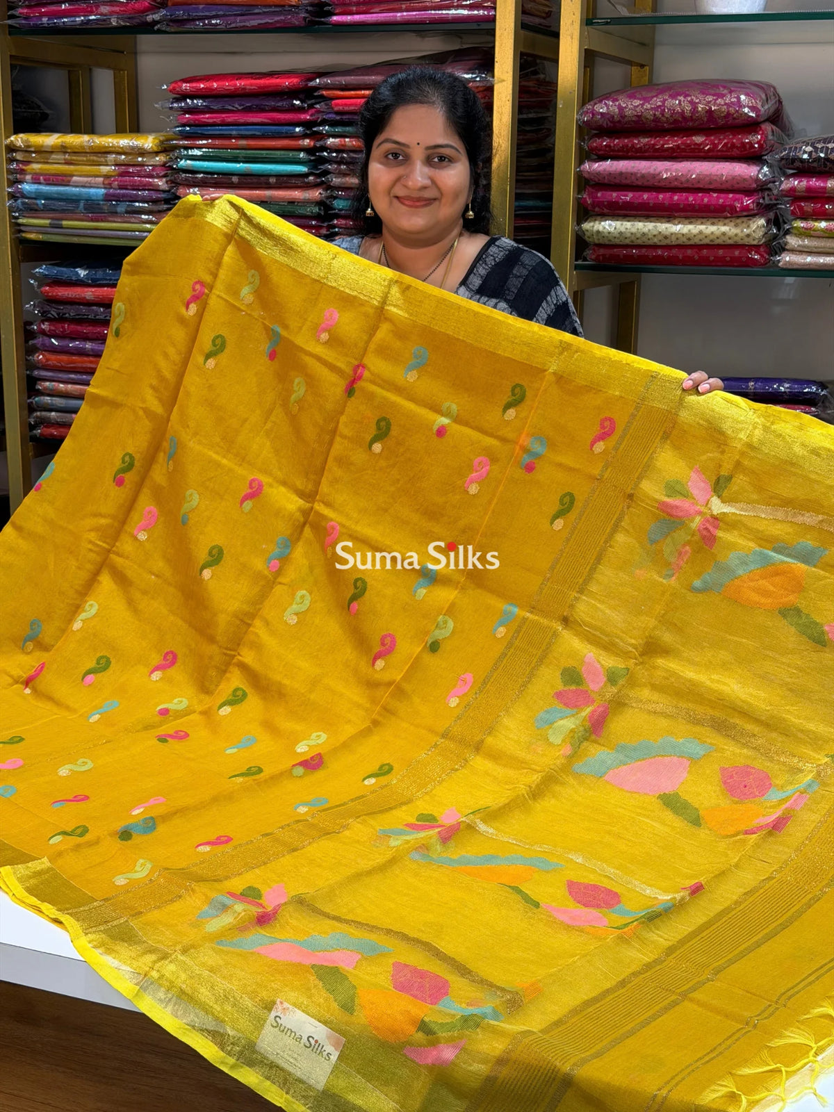 Muslin Jamdani Bud Flower Design Greensih Yellow Color