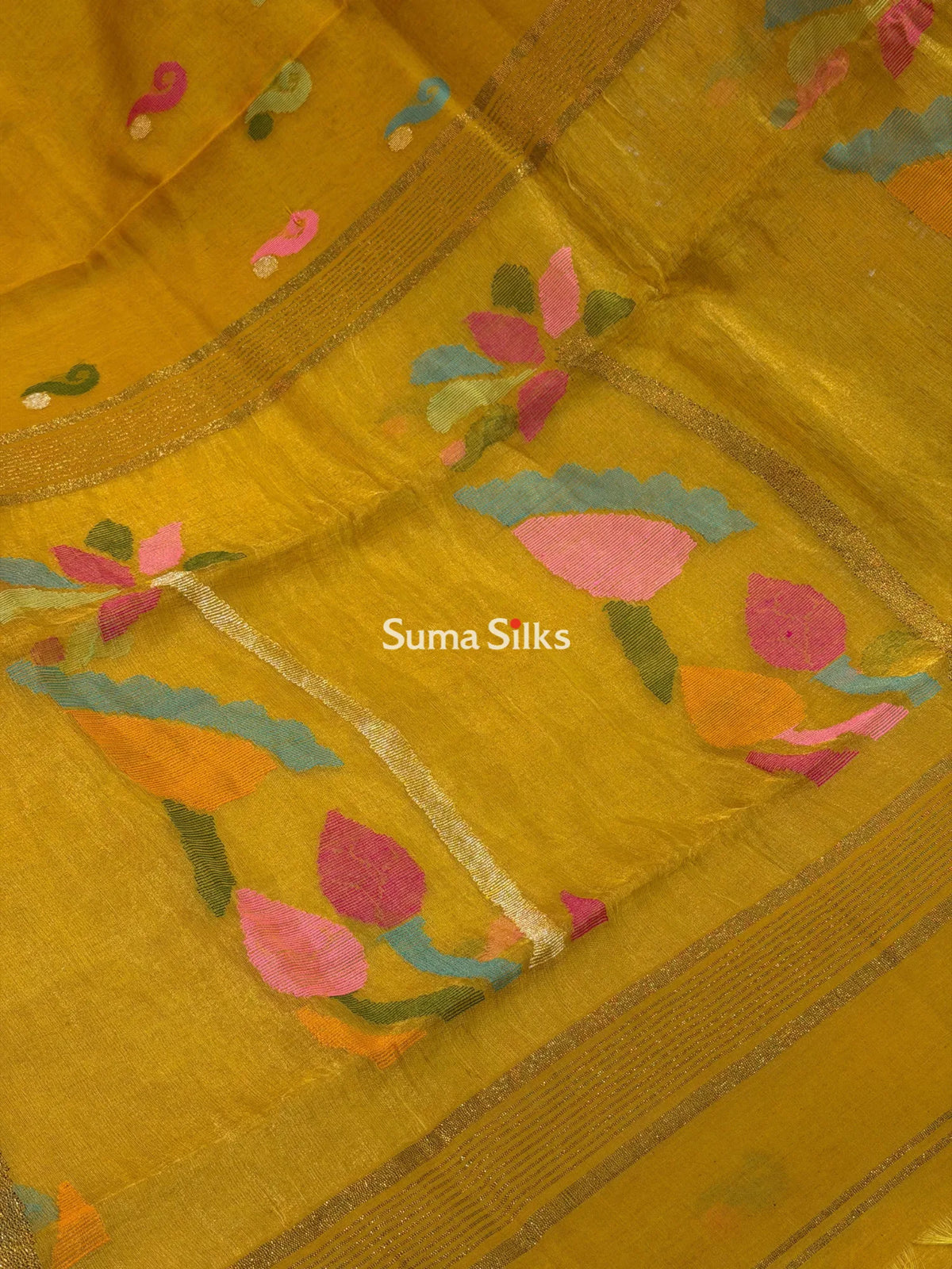 Muslin Jamdani Bud Flower Design Greensih Yellow Color