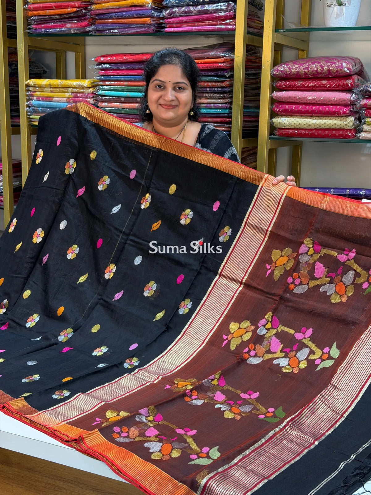 Muslin Jamdani Butterfly Black Maroon Pallu