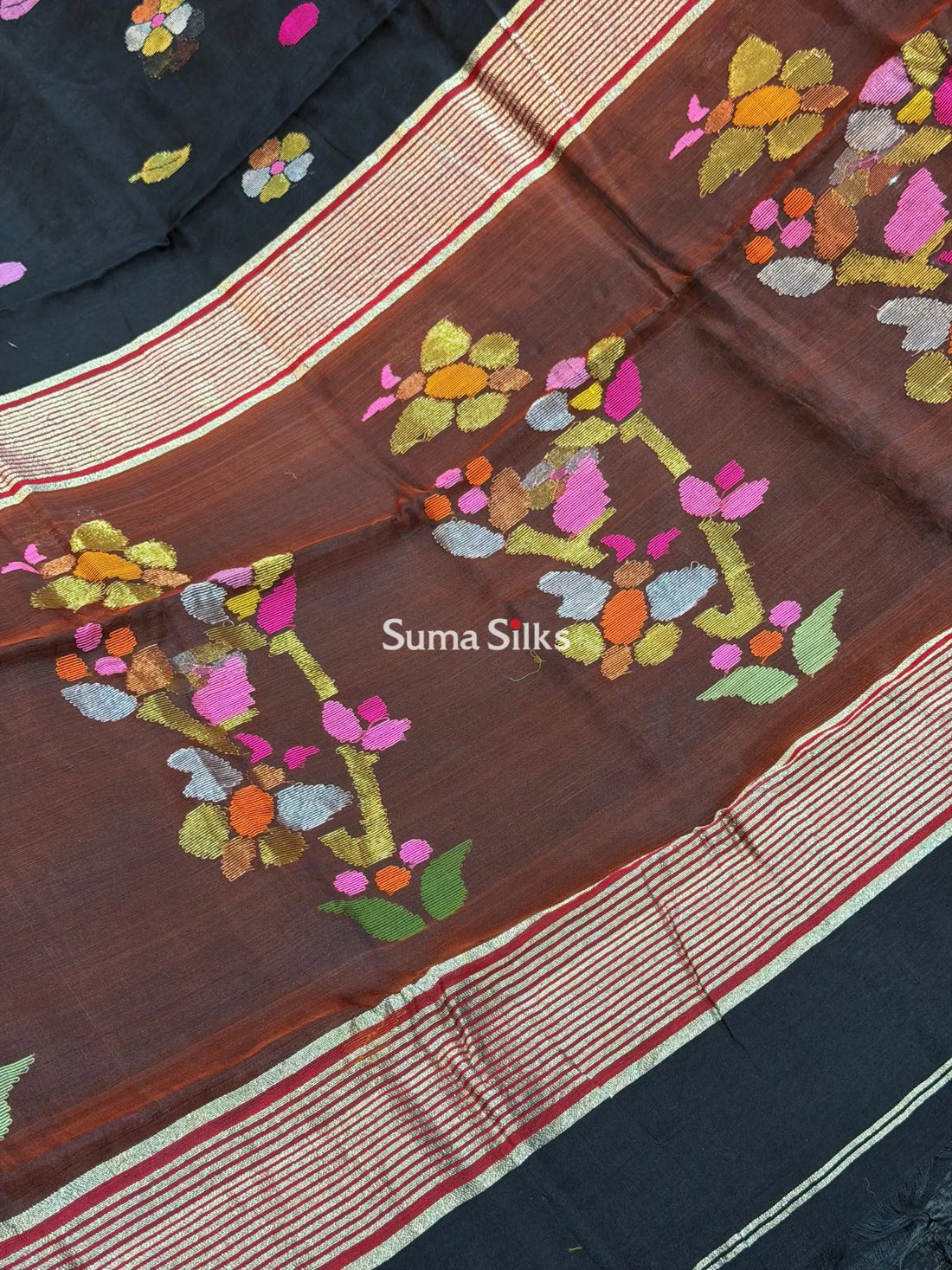 Muslin Jamdani Butterfly Black Maroon Pallu