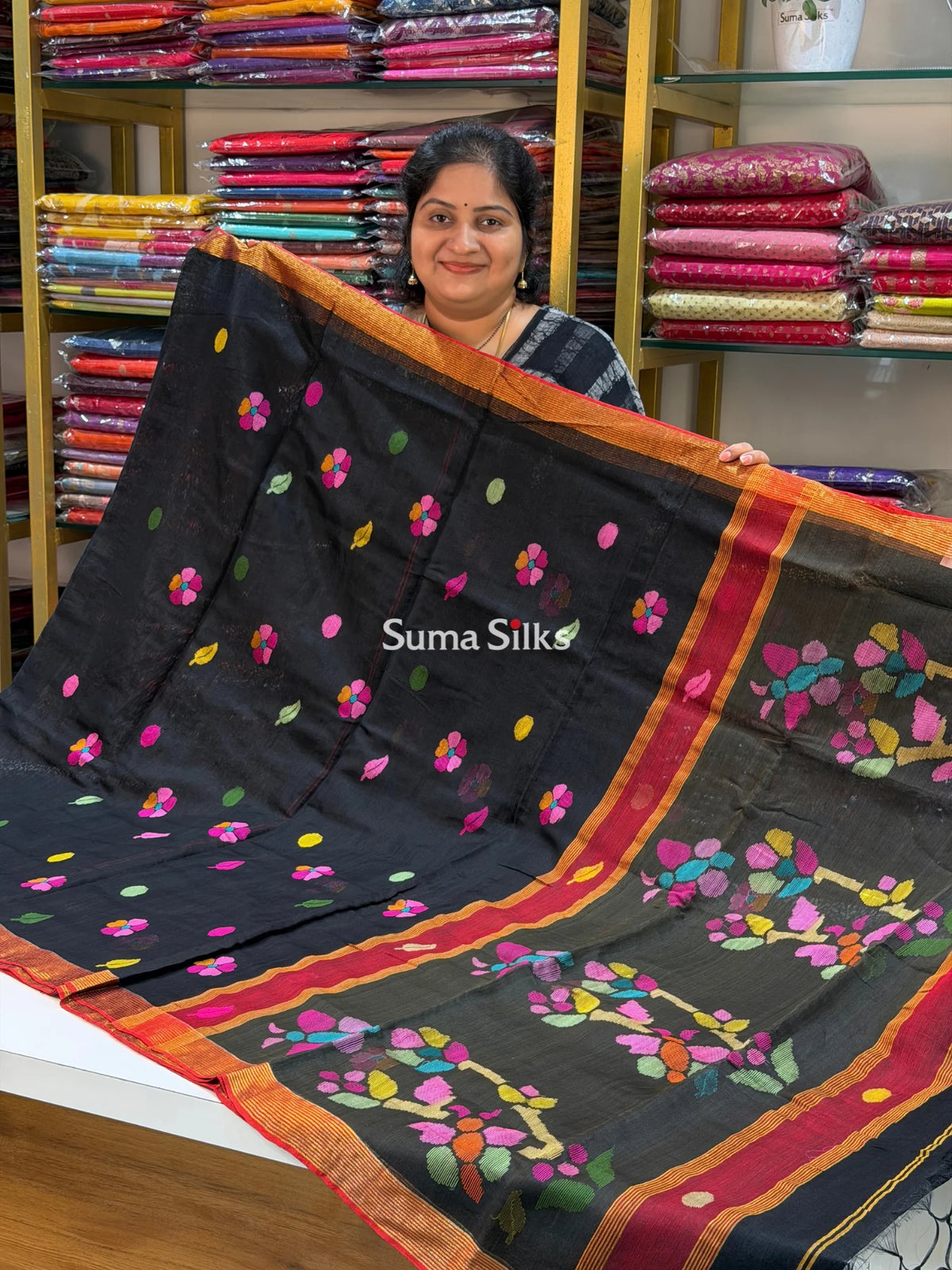 Muslin Jamdani Butterfly Black Multi Butti