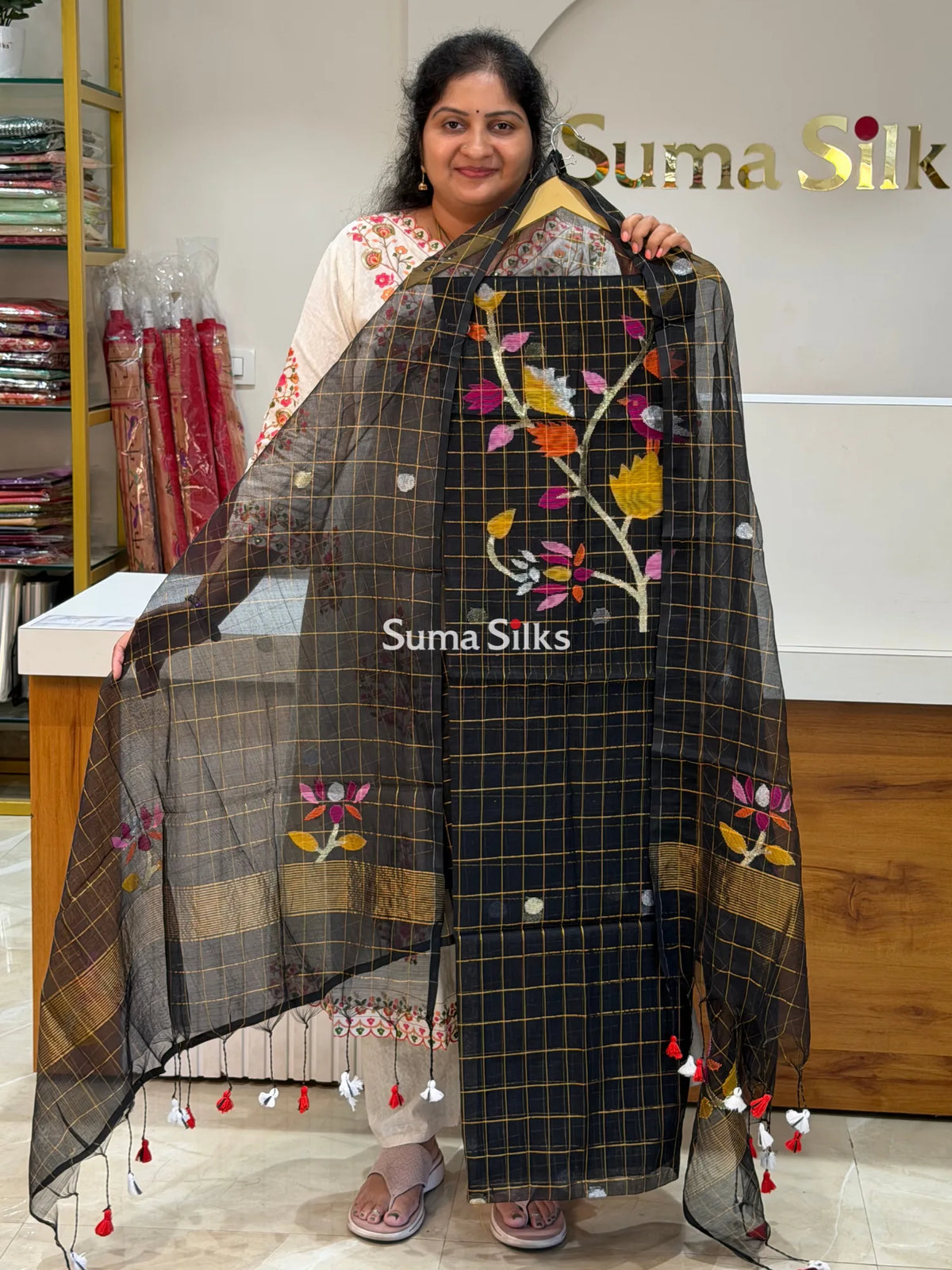 Muslin Jamdani Checks Bird Black Color