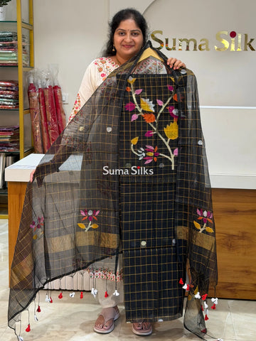 Muslin Jamdani Checks Bird Black Color
