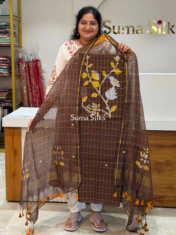 Muslin Jamdani Checks Bird Brown Color