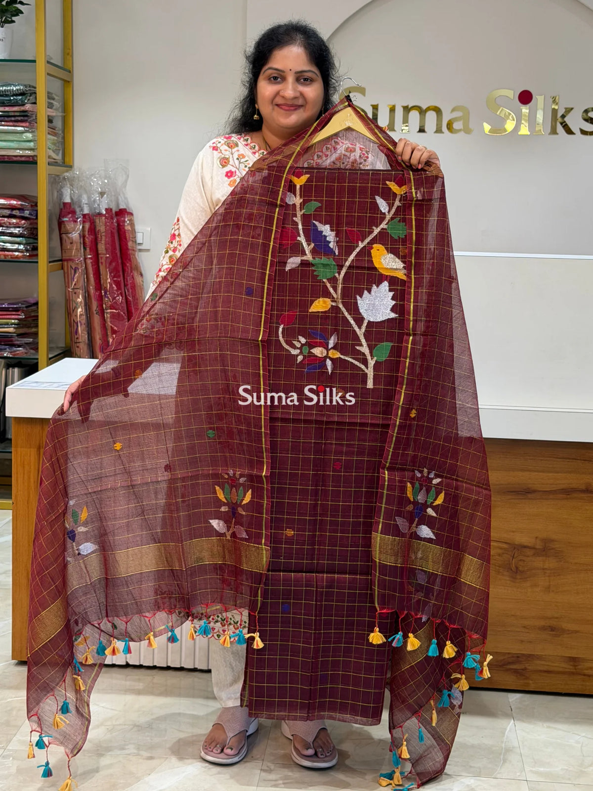 Muslin Jamdani Checks Bird Dark Maroon Color