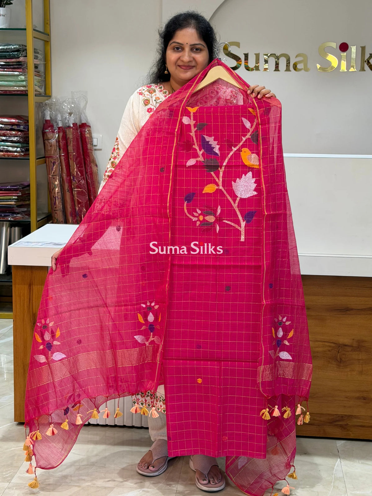 Muslin Jamdani Checks Bird Pink Color