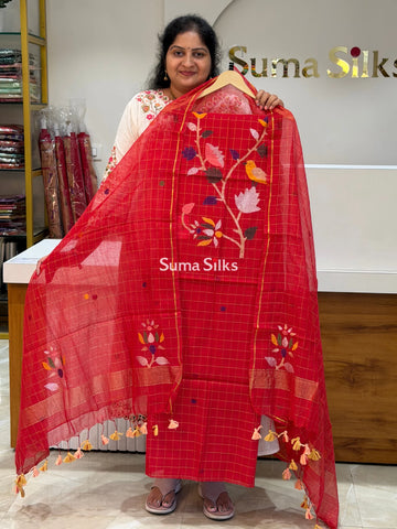 Muslin Jamdani Checks Bird Red Color