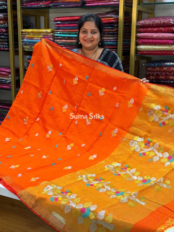 Muslin Jamdani Creeper Orange with Rama Green Butti