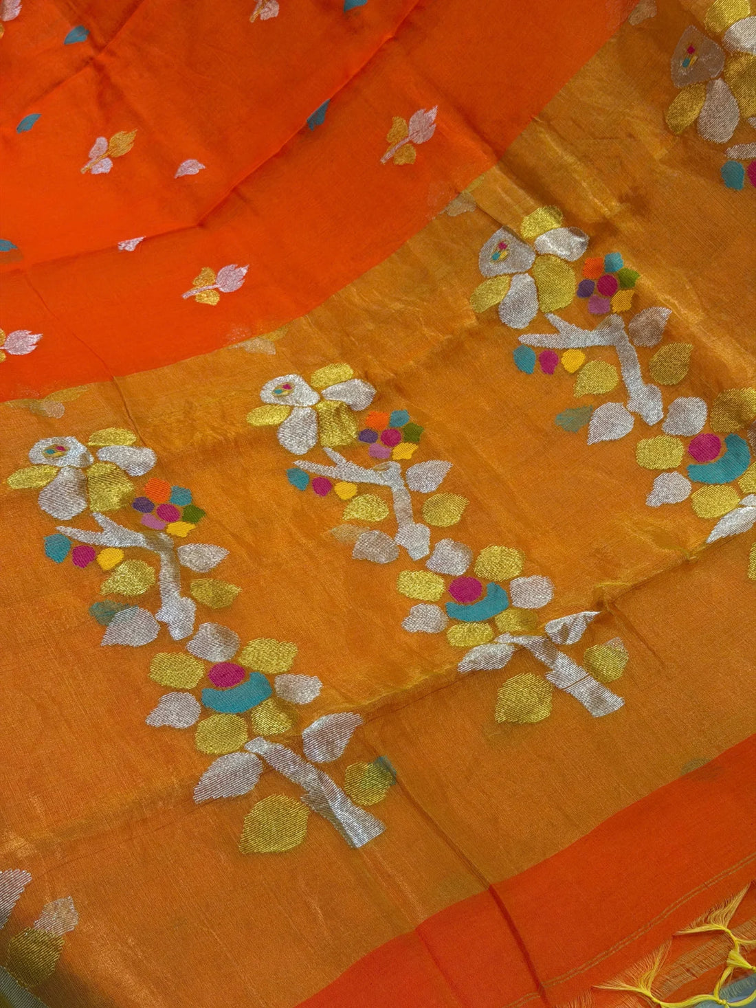 Muslin Jamdani Creeper Orange with Rama Green Butti