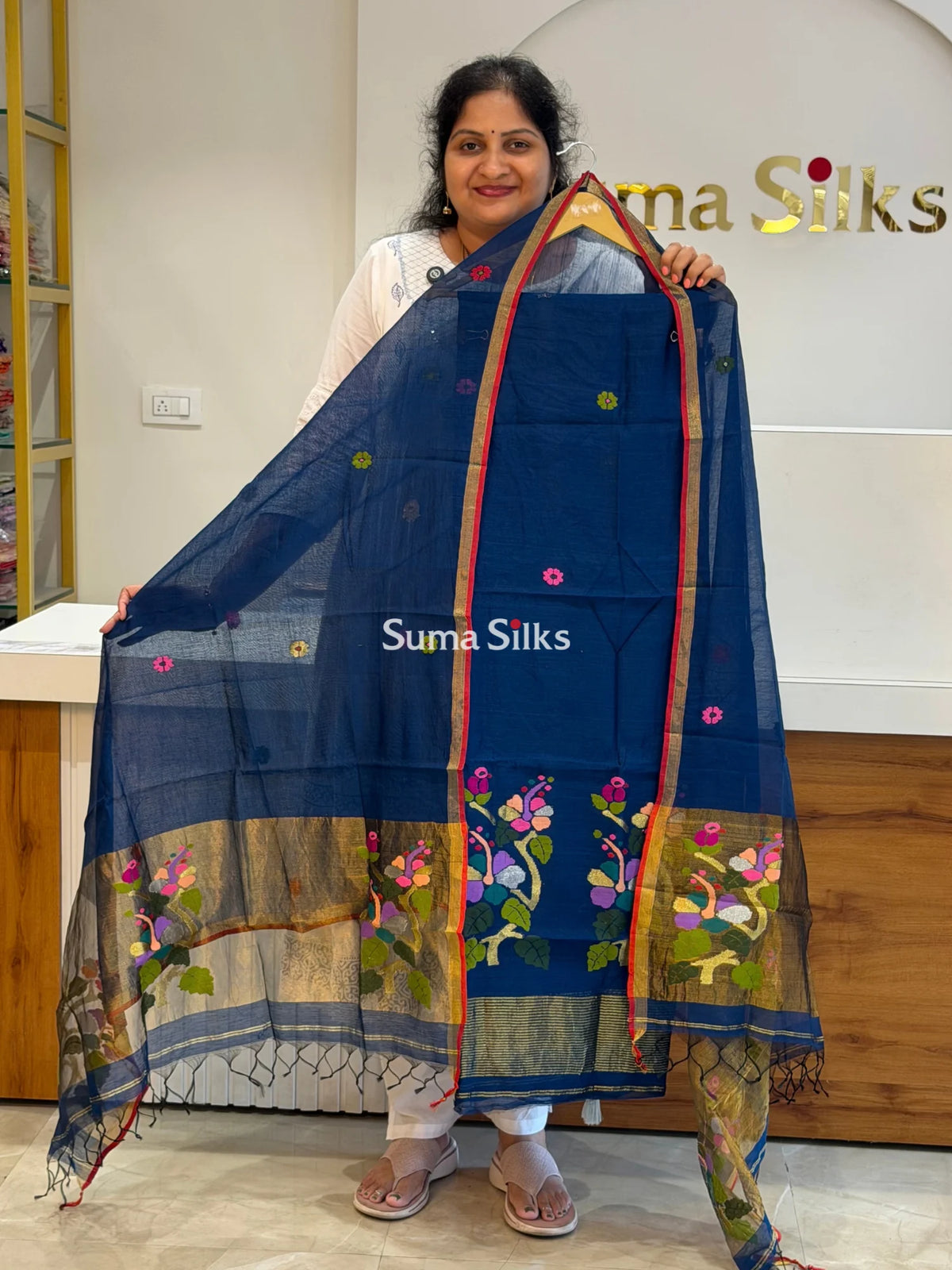 Muslin Jamdani Daman Hibiscus Navy