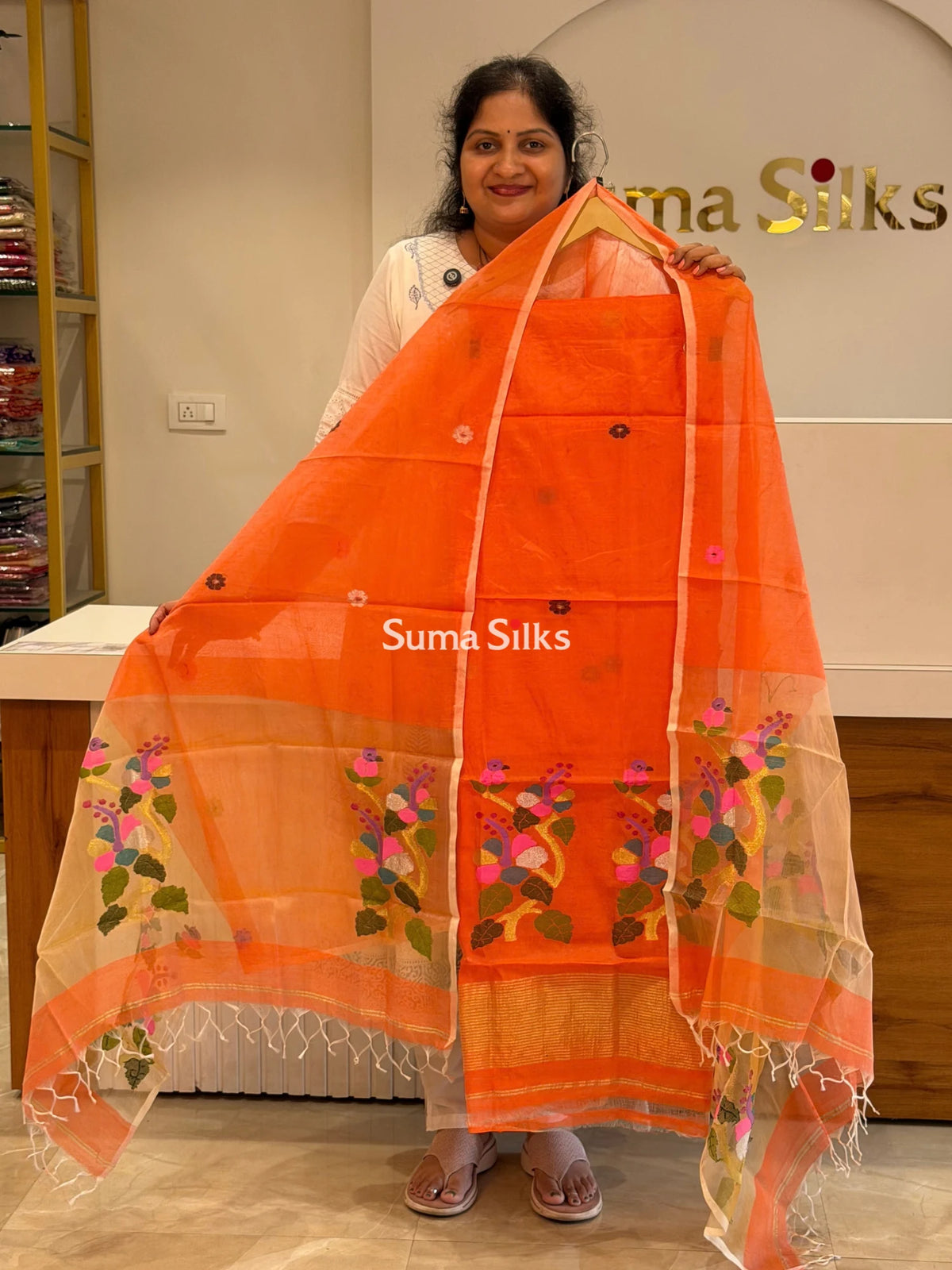 Muslin Jamdani Daman Hibiscus Orange
