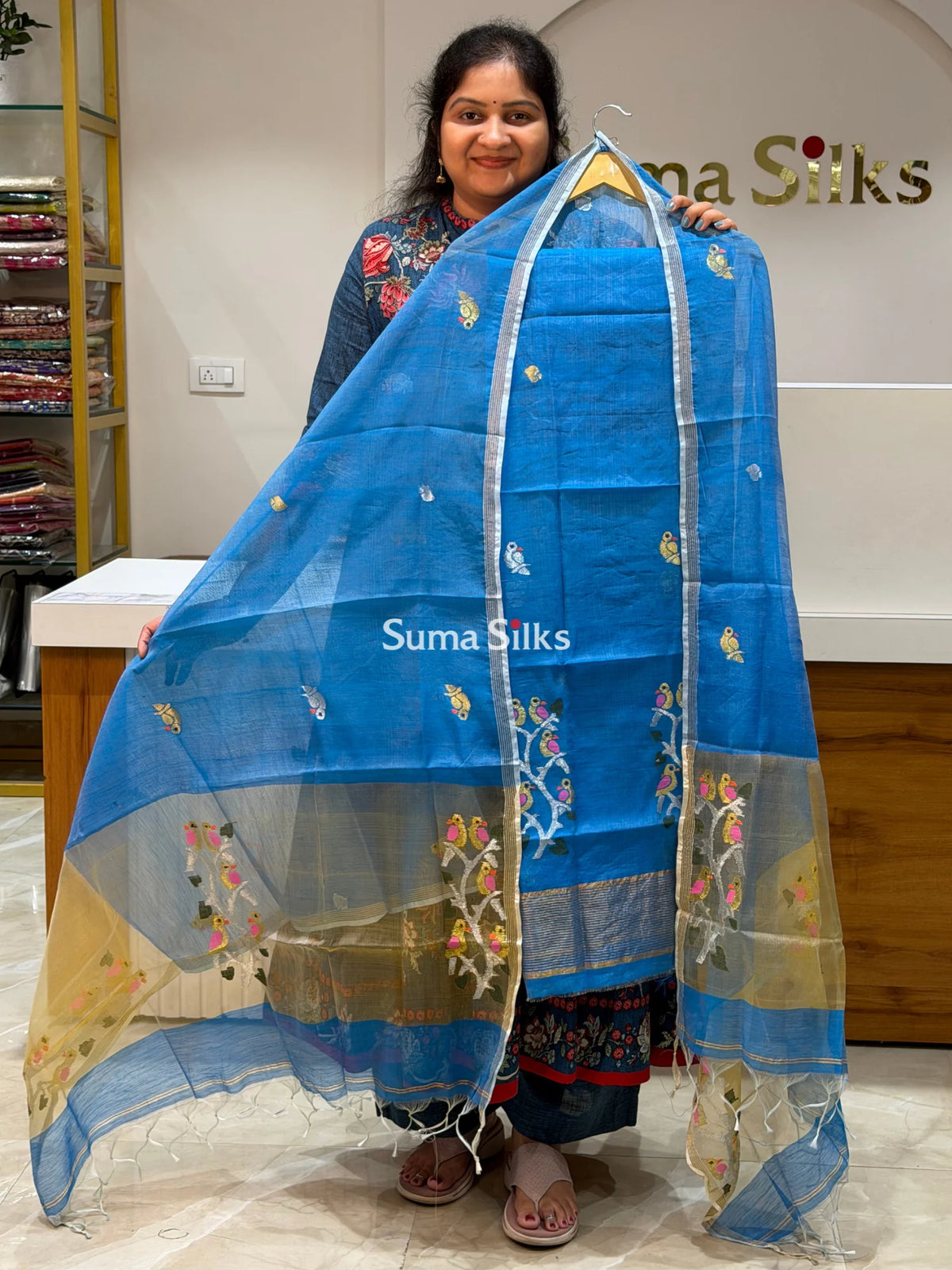 Muslin Jamdani Daman Stem Birds. Design Sky Blue Color