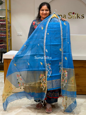 Muslin Jamdani Daman Stem Birds. Design Sky Blue Color