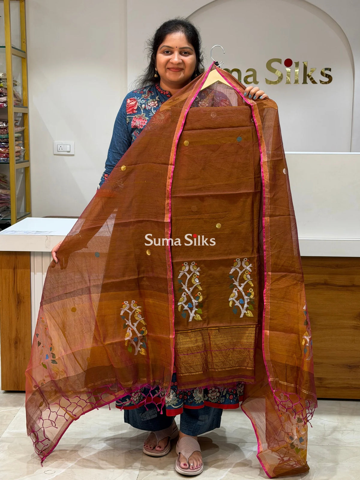 Muslin Jamdani Daman Stem Birds Brown Color