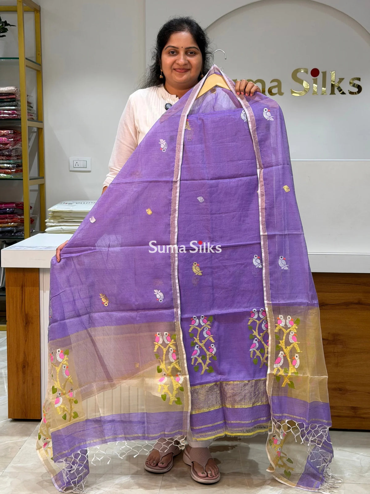 Muslin Jamdani Daman Stem Birds Dark Lavender Color