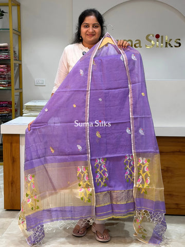 Muslin Jamdani Daman Stem Birds Dark Lavender Color