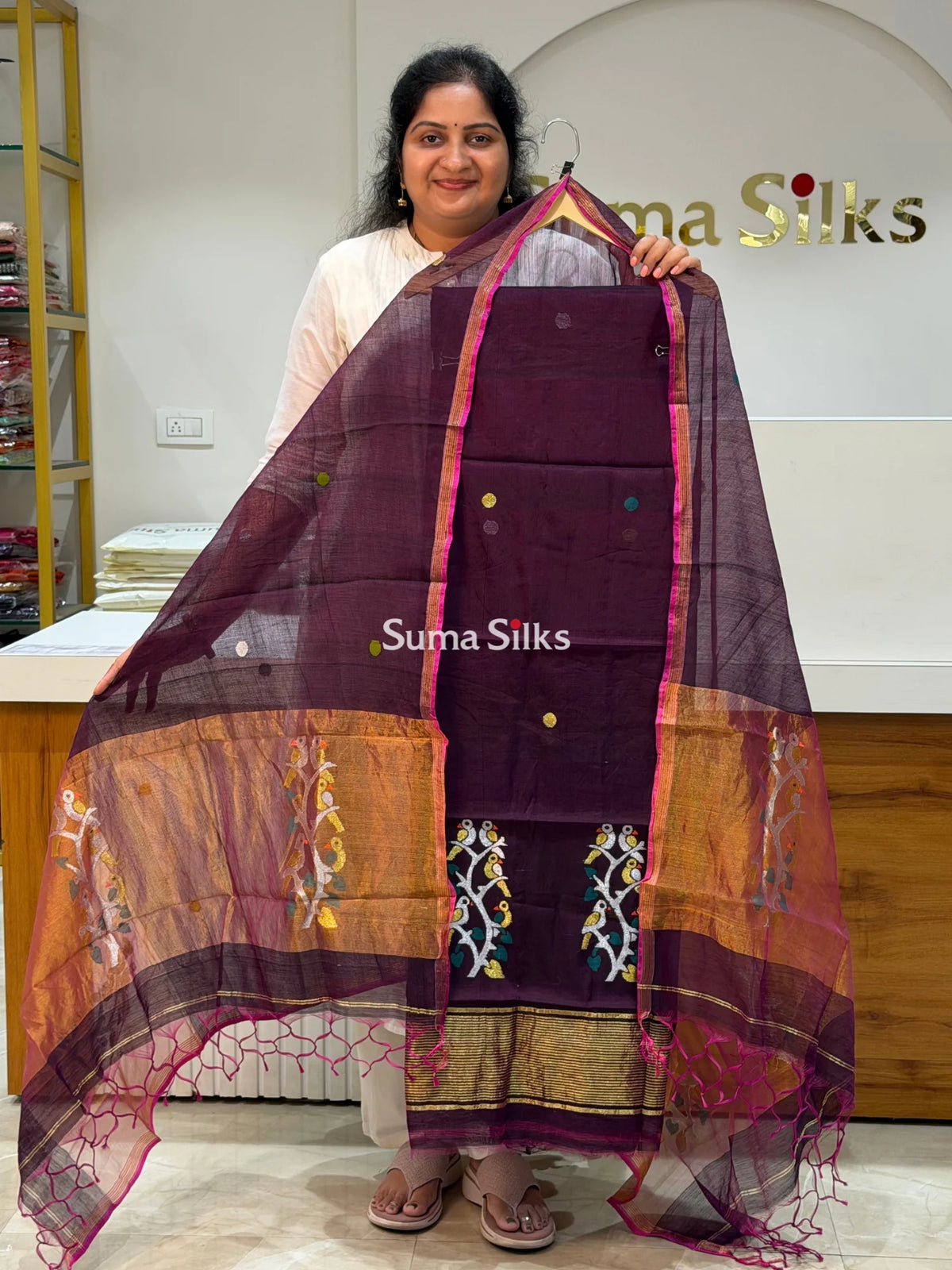 Muslin Jamdani Daman Stem Birds Dark Wine Color