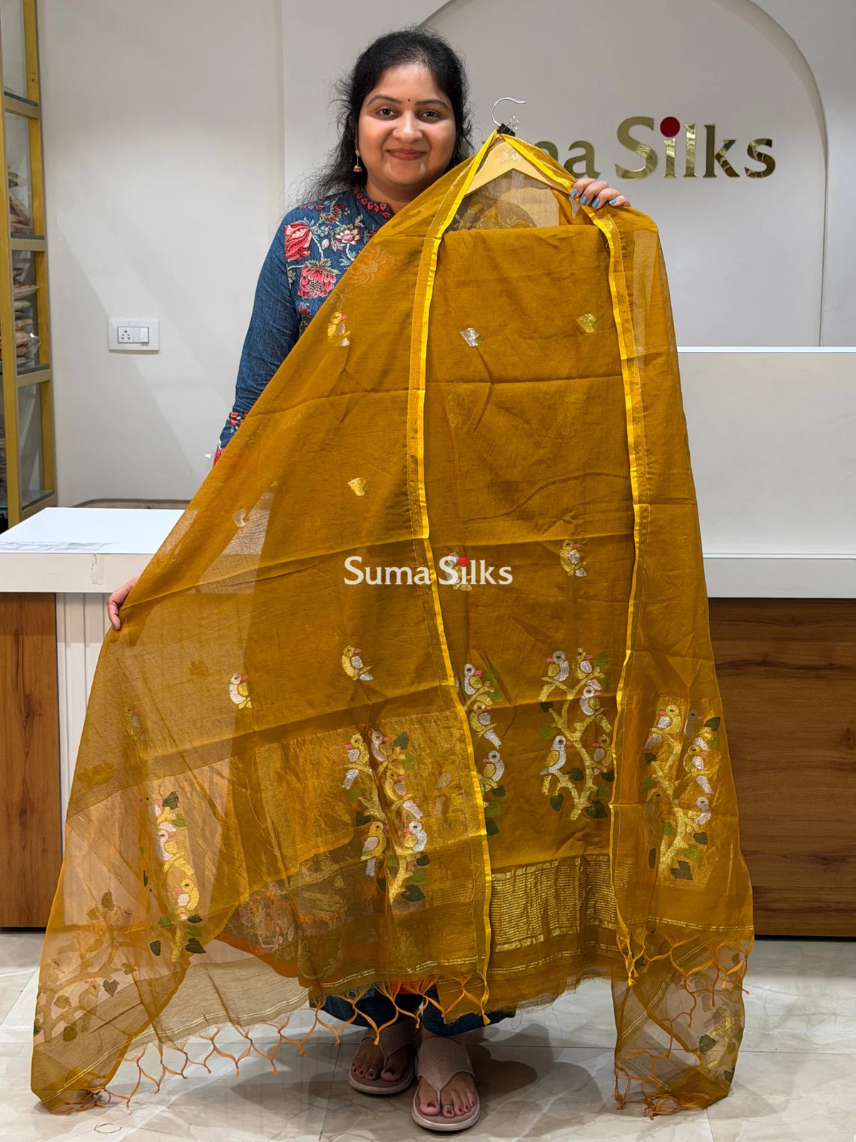 Muslin Jamdani Daman Stem Birds Design Methi Color