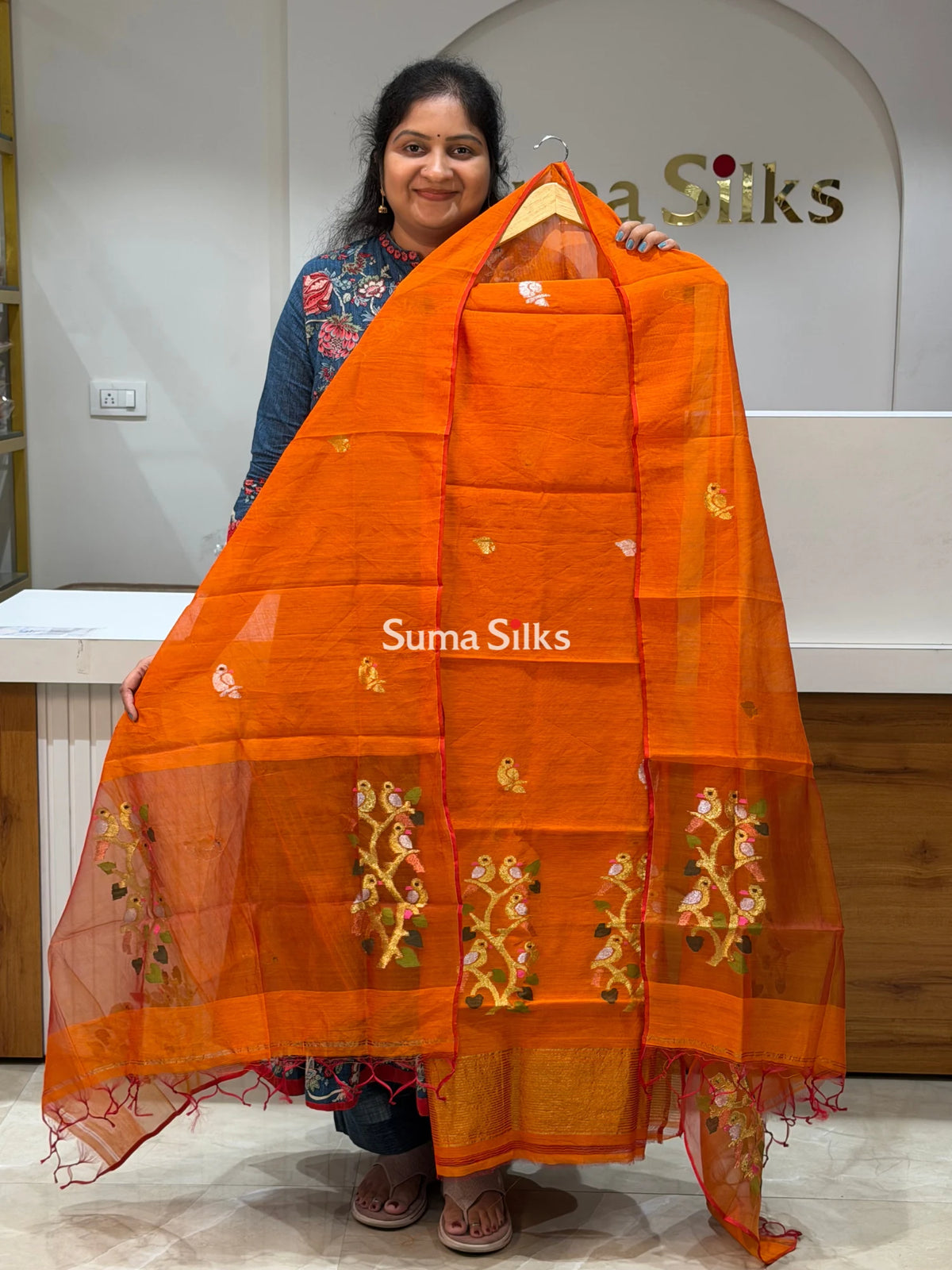 Muslin Jamdani Daman Stem Birds Design Rust Color