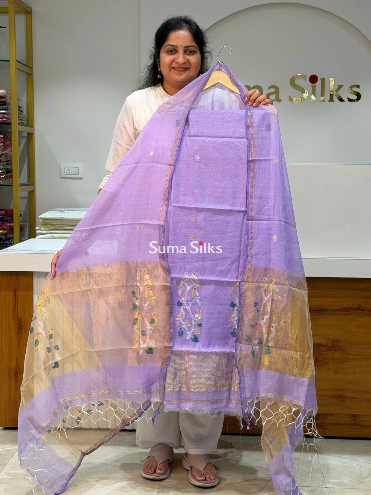 Muslin Jamdani Daman Stem Birds Lavender Color