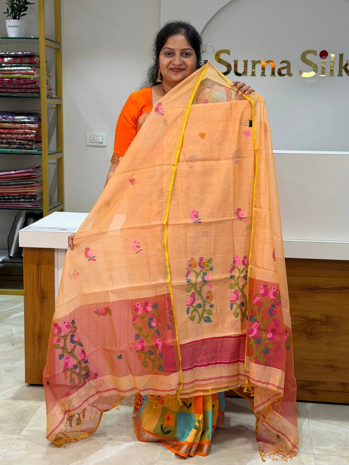 Muslin Jamdani Daman Stem Birds Peach