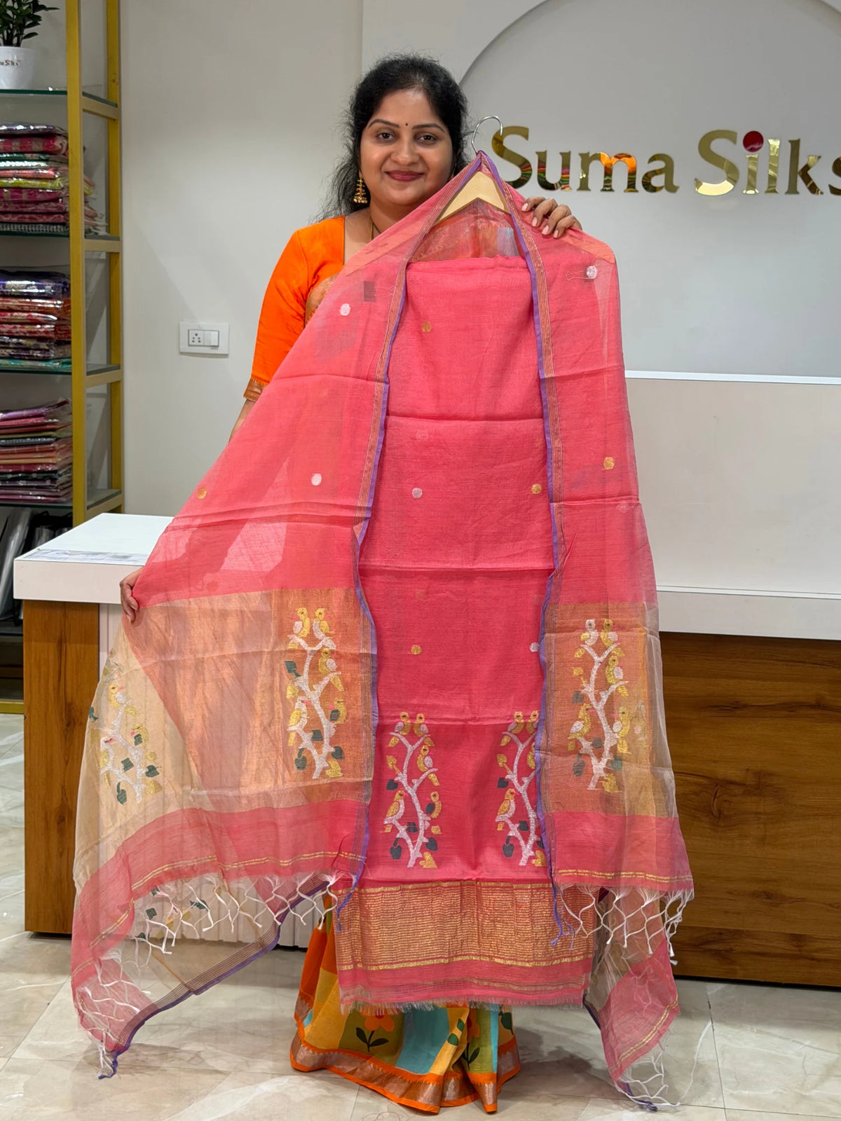 Muslin Jamdani Daman Stem Birds Pink Peach