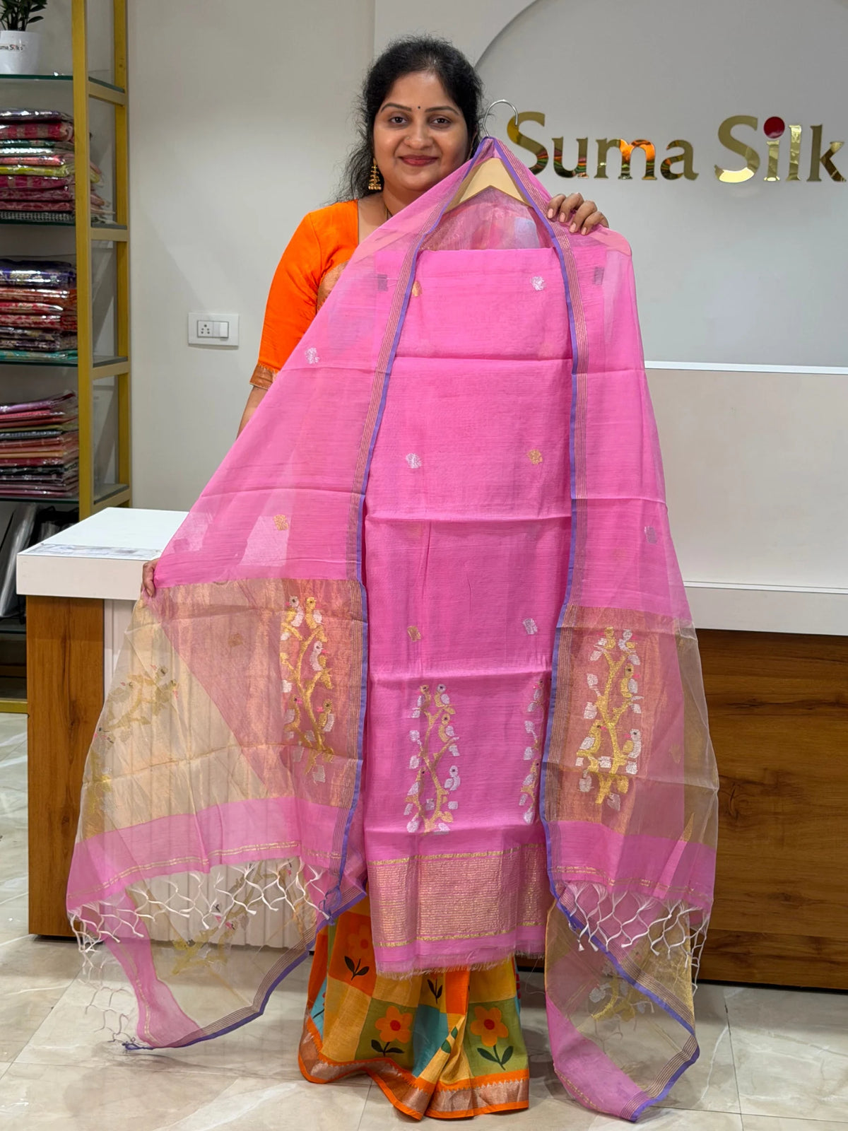 Muslin Jamdani Daman Stem Birds Pink