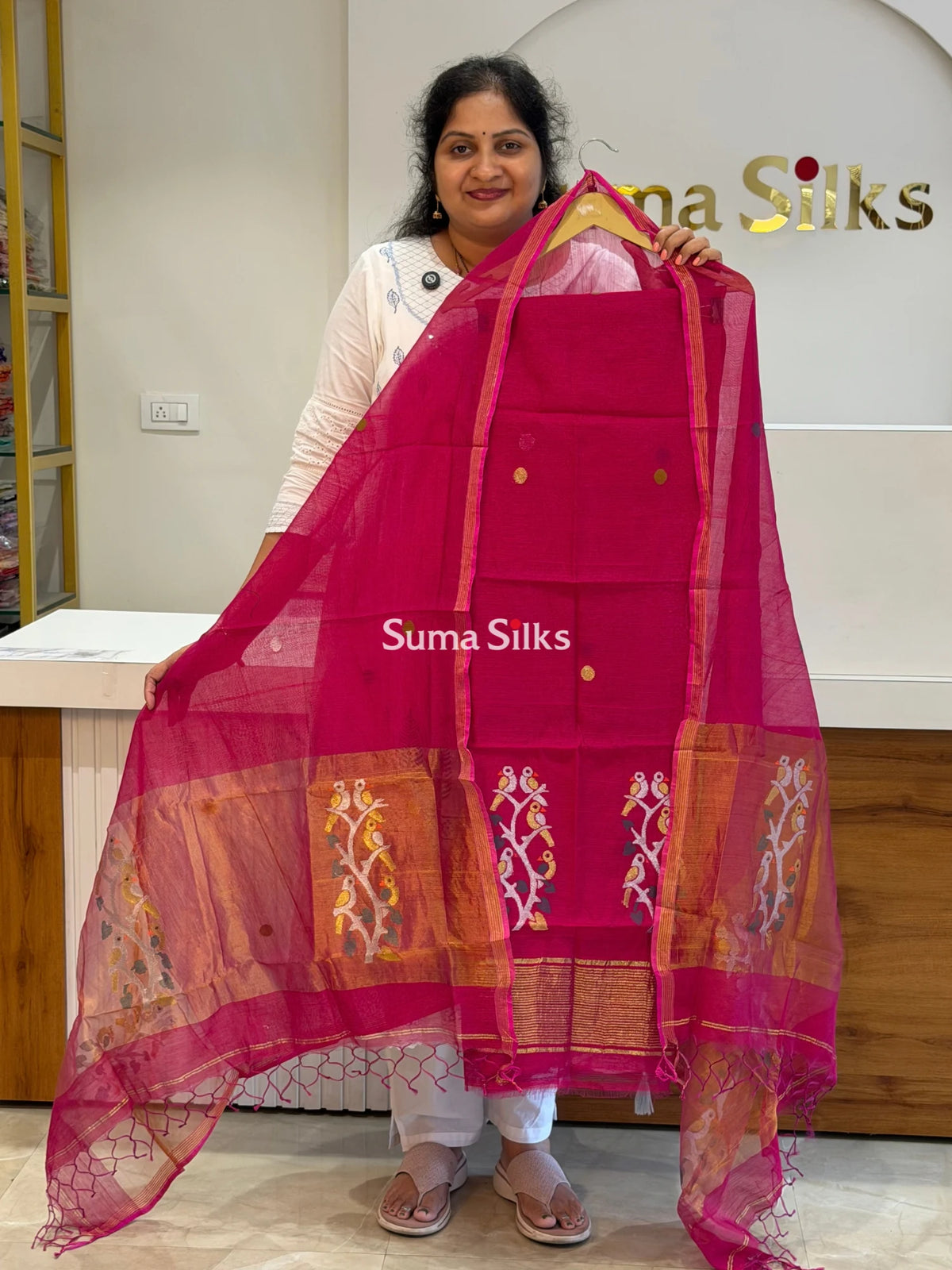 Muslin Jamdani Daman Stem Birds Rani Pink