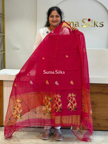 Muslin Jamdani Daman Stem Birds Reddish Pink