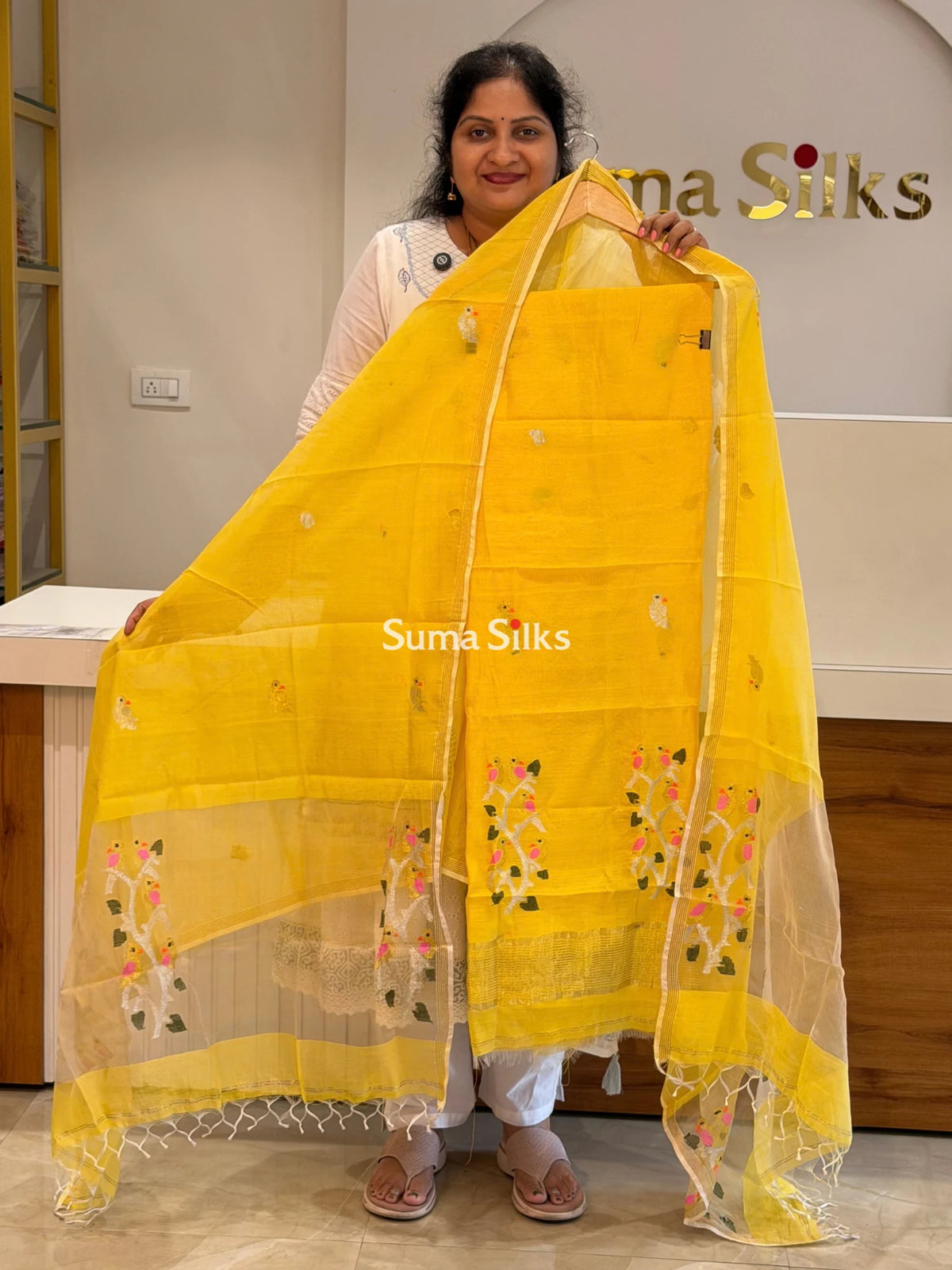 Muslin Jamdani Daman Stem Birds Yellow