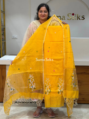 Muslin Jamdani Daman Pattern Stem Birds Yellow Color