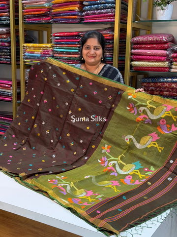 Muslin Jamdani Fish Design Greenish Wine