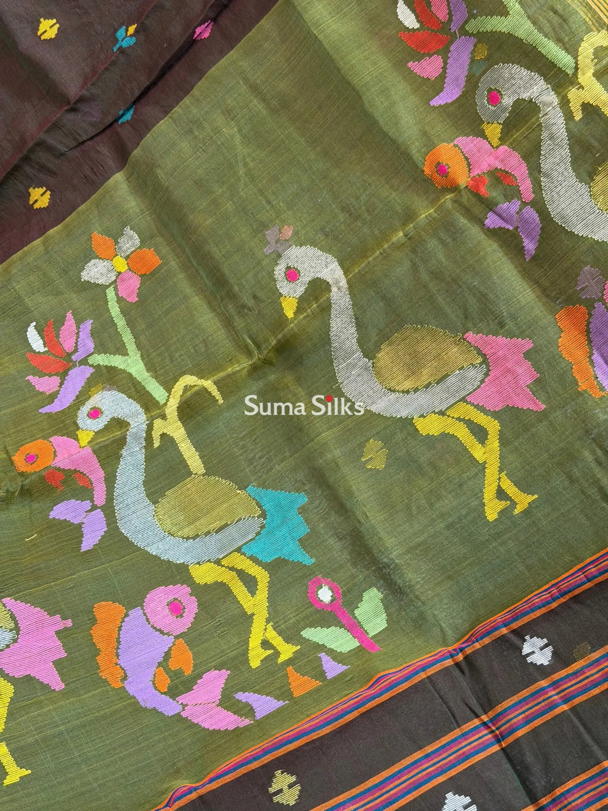 Muslin Jamdani Fish Design Greenish Wine