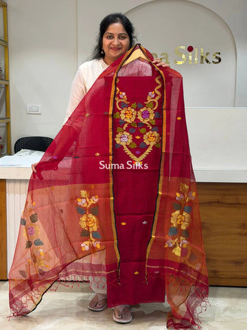 Muslin Jamdani Flower Neck Pattern Light Maroon