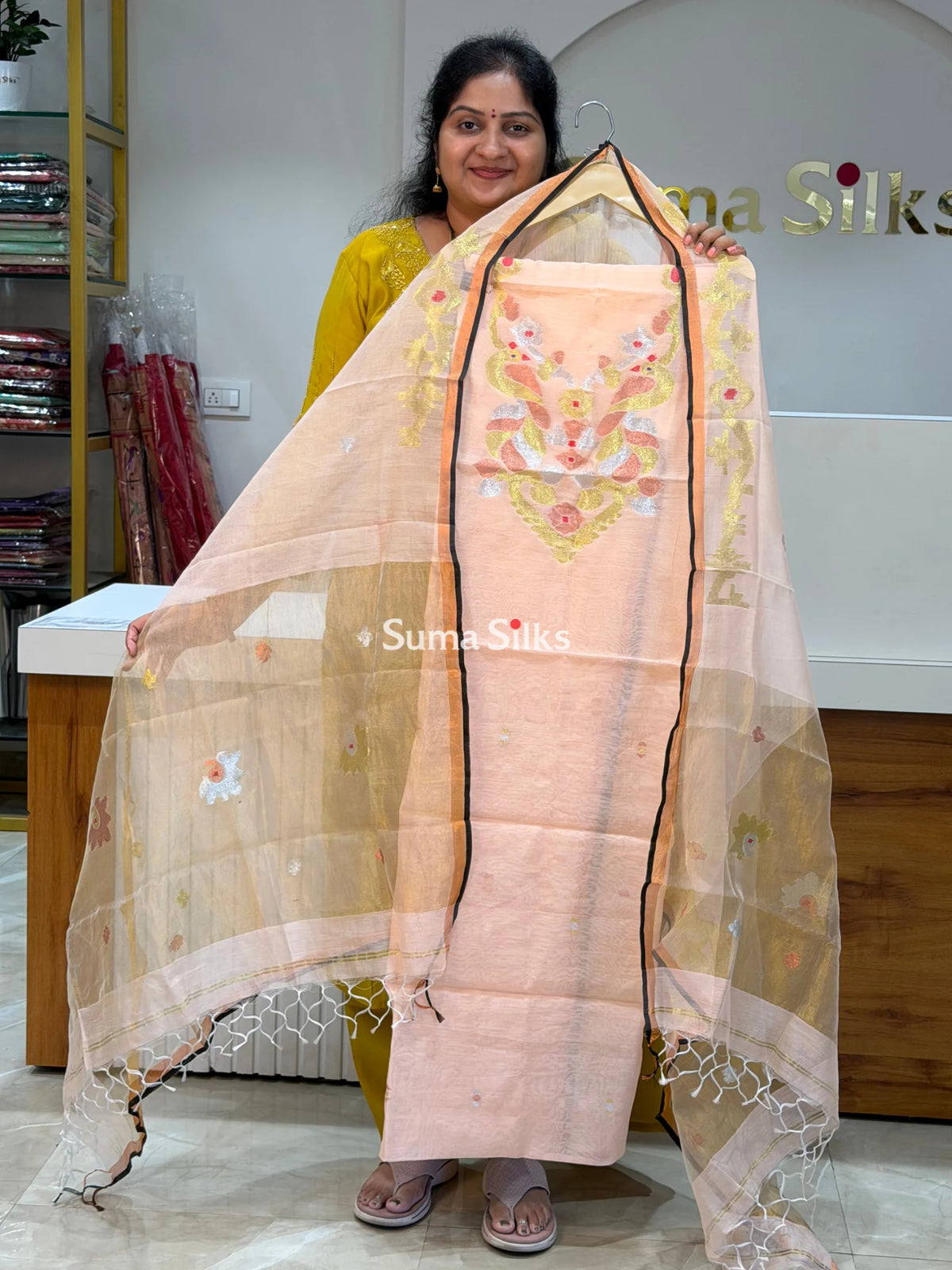 Muslin Jamdani Flower Neck Pattern Peach
