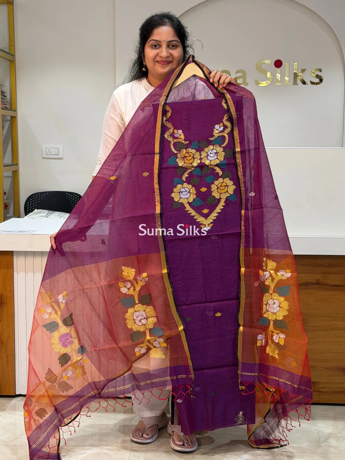 Muslin Jamdani Flower Neck Pattern Purple