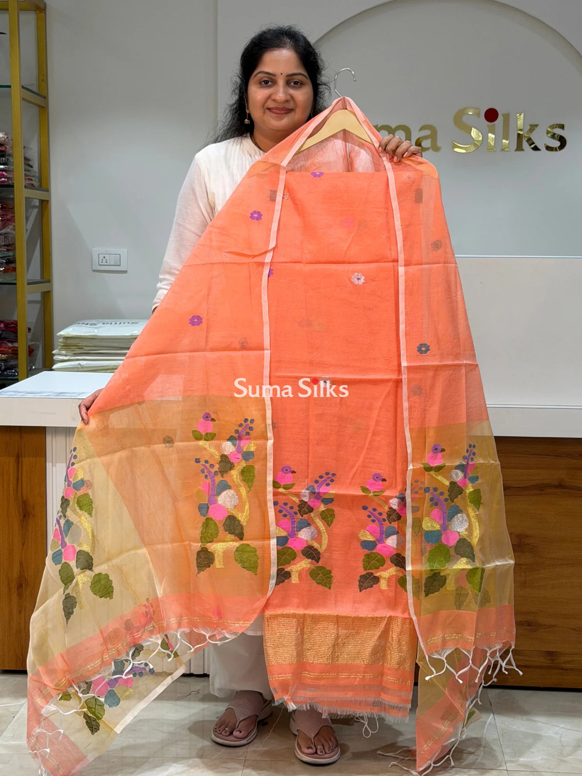 Muslin Jamdani Hibiscus Design Peachish Orange