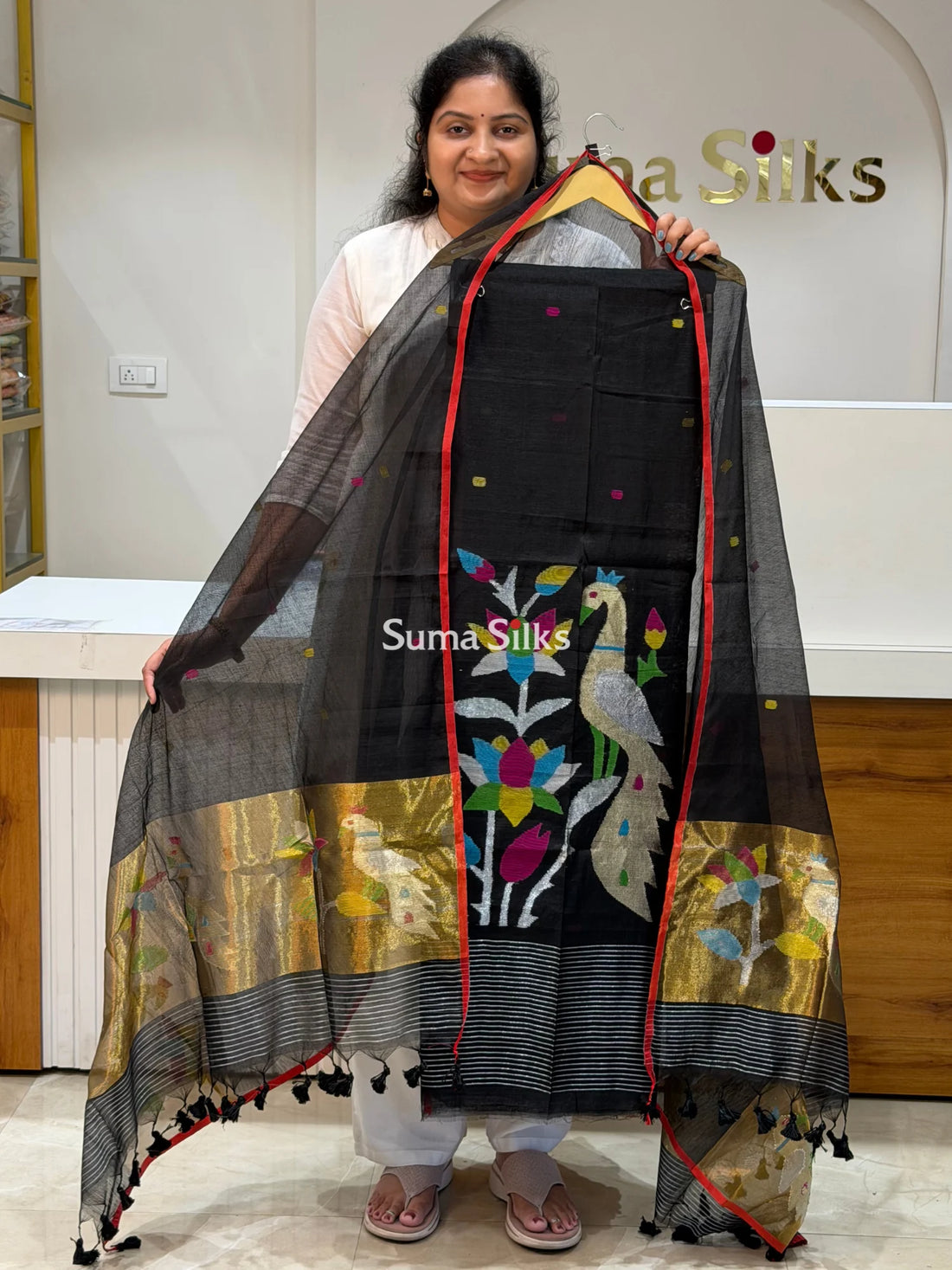 Muslin Jamdani Lotus Design Black Color