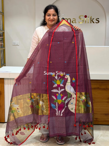 Muslin Jamdani Lotus Design Maroonish Brown Color