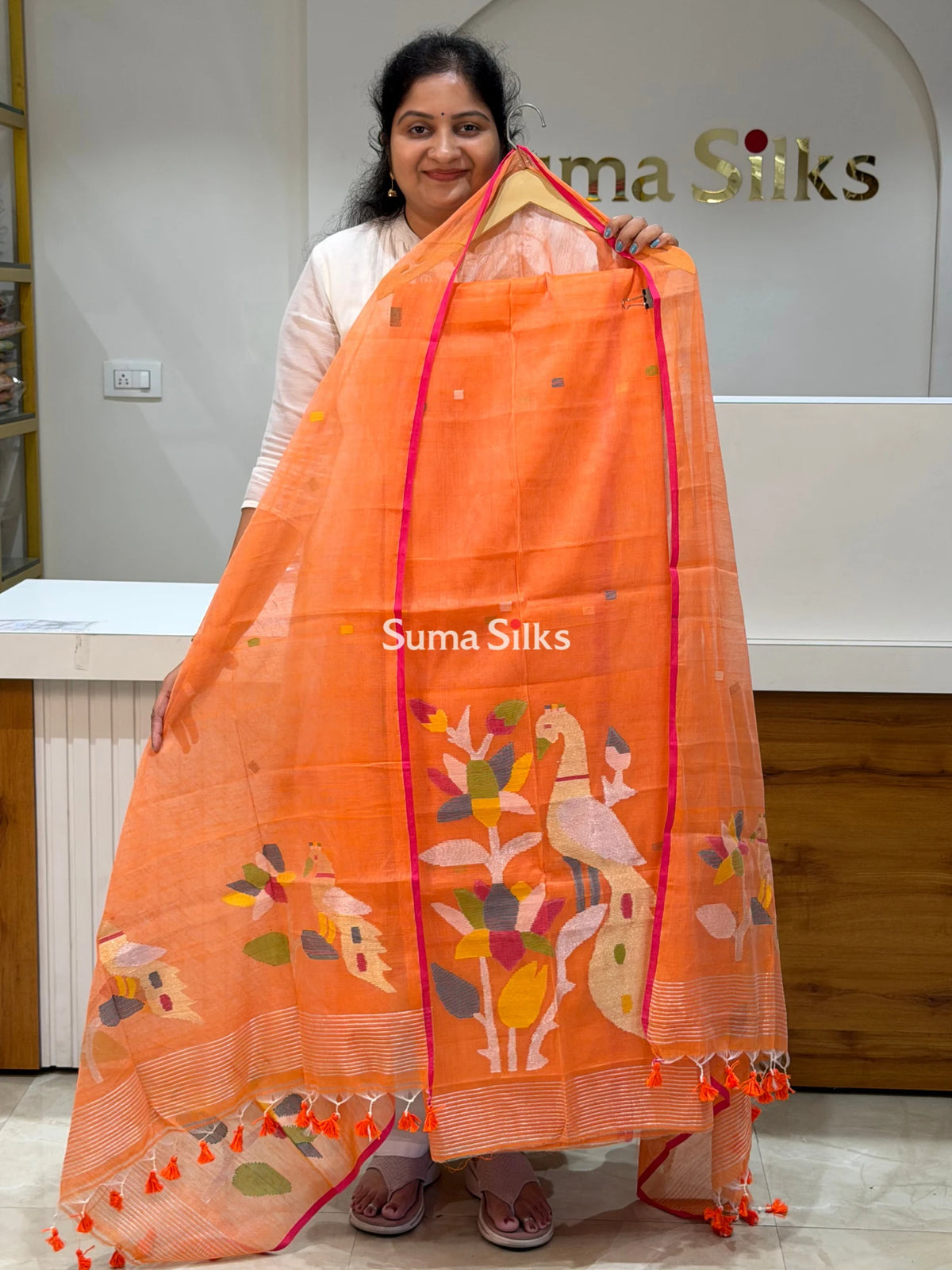 Muslin Jamdani Lotus Design Orange Color