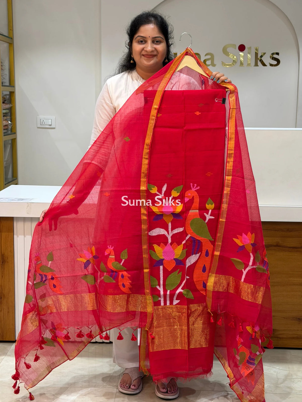 Muslin Jamdani Lotus Design Red Color