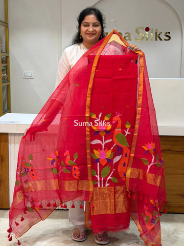 Muslin Jamdani Lotus Design Red Color