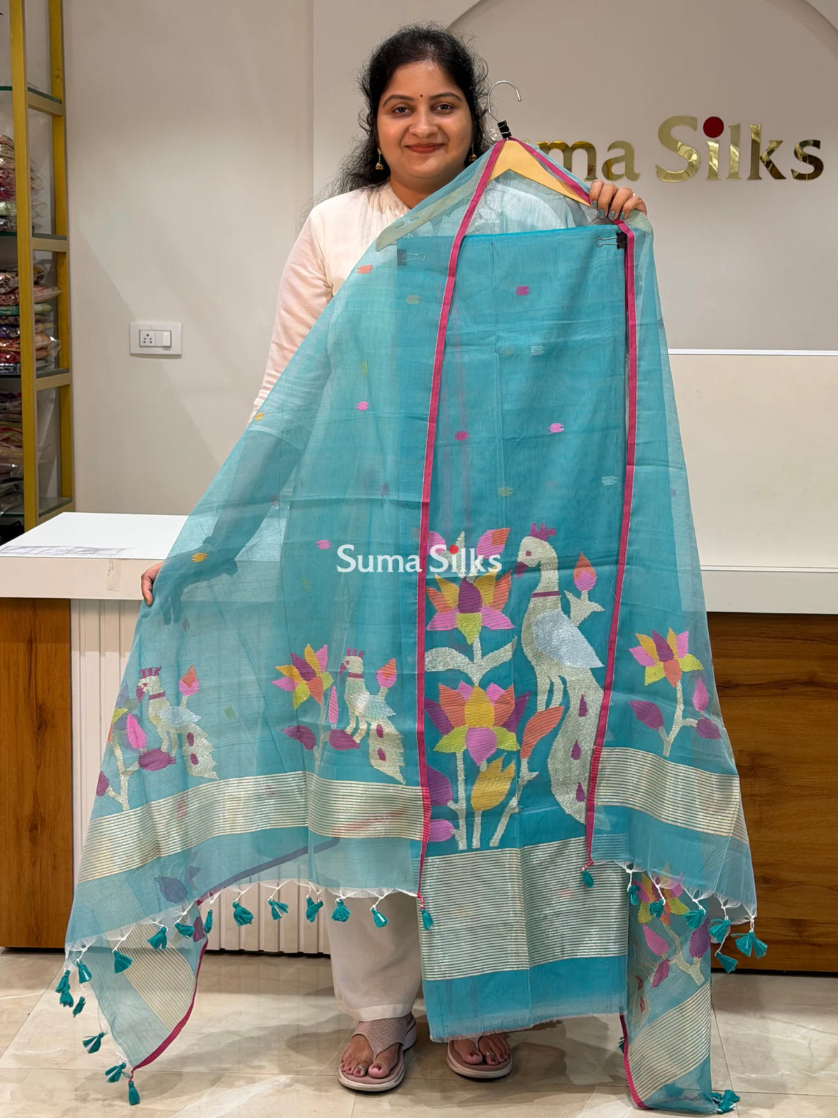 Muslin Jamdani Lotus Design Sea Blue Color
