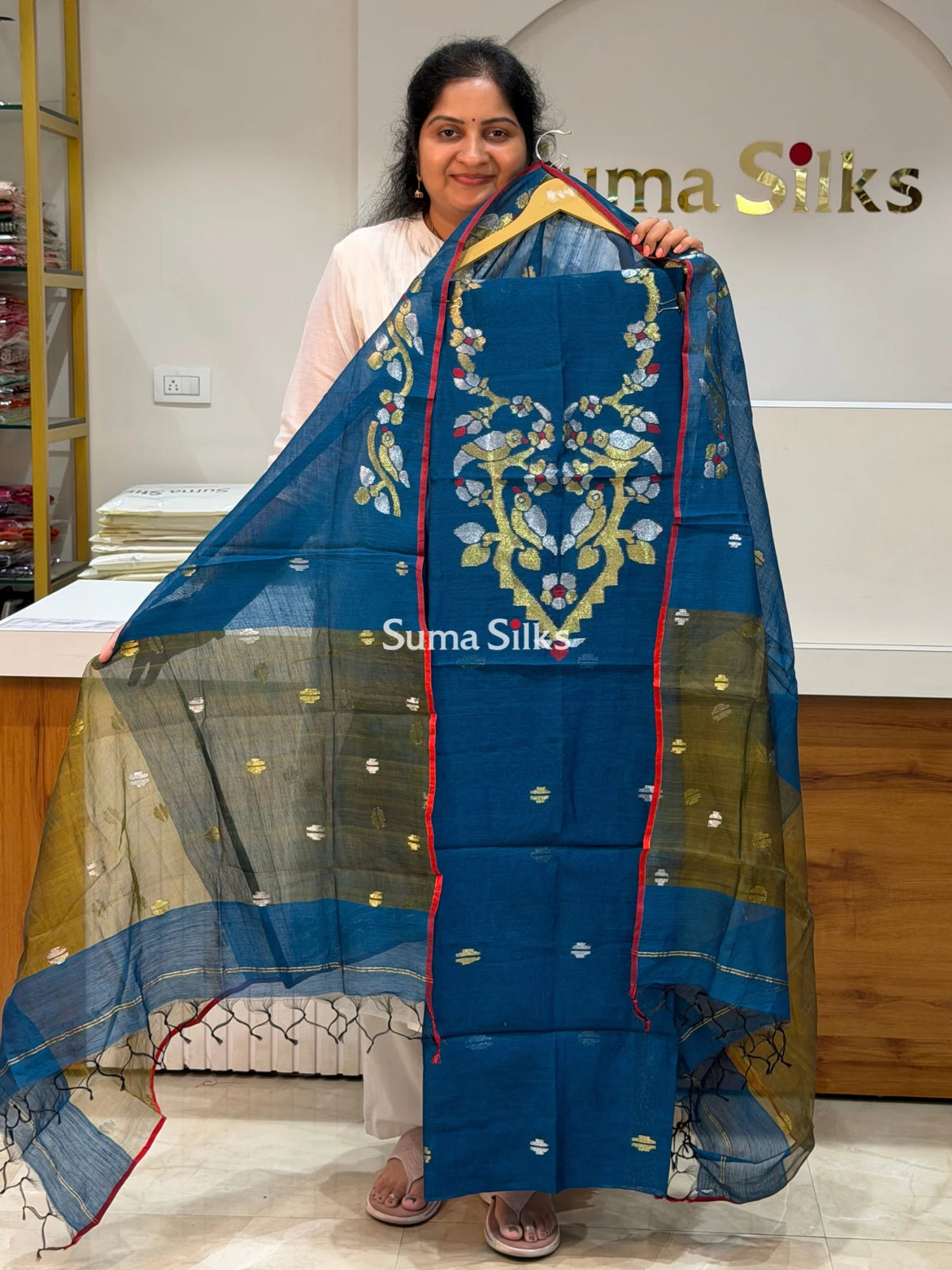 Muslin Jamdani Multiple Birds Neck Pattern Peacock Blue